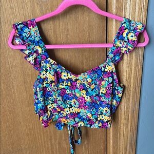 SHEIN Bright Floral Ruffle Tie-Back Crop Top